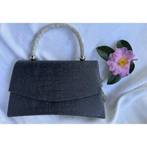 Evening Black Clutch Purse w Chain Silver Crystals Rhinestones Party Formal NEW